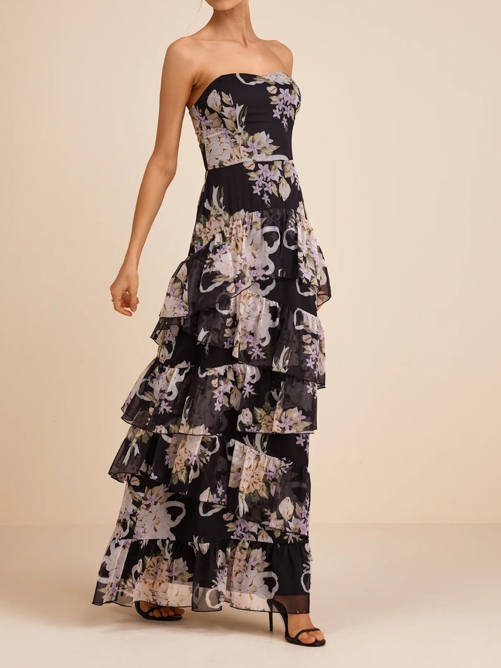 Lulu's Black Strapless Floral Tiered Maxi Dress